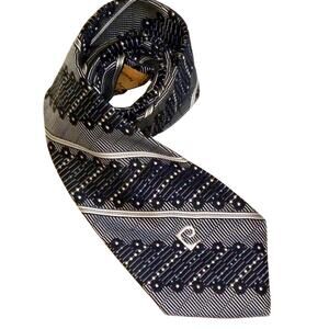 70s PIERRE CARDIN 4" Wide Necktie | Blue Logo Striped Vintage Tie